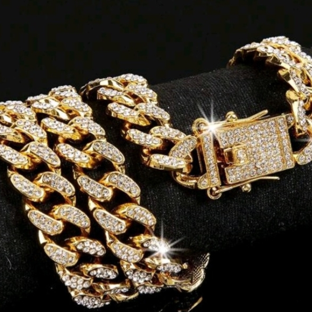 Iced Rhinestone Gold Chain Fashion Hip Hop Necklace 18in Men & Women